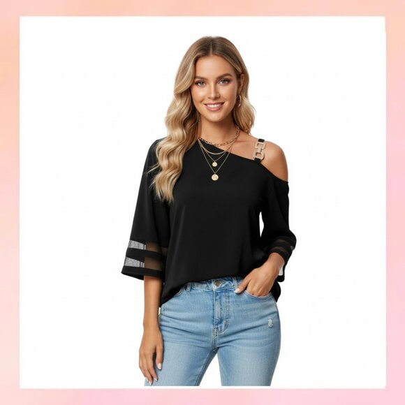 Tops - Chic Black Off-Shoulder Blouse with Sheer Sleeves & Gold Buckle Detail